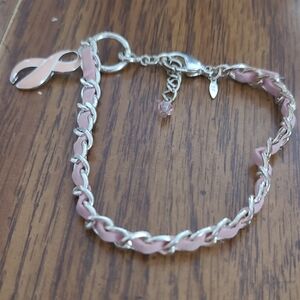Pink Ribbon Chain Bracelet with Silver Tone Links Breast Cancer Awareness